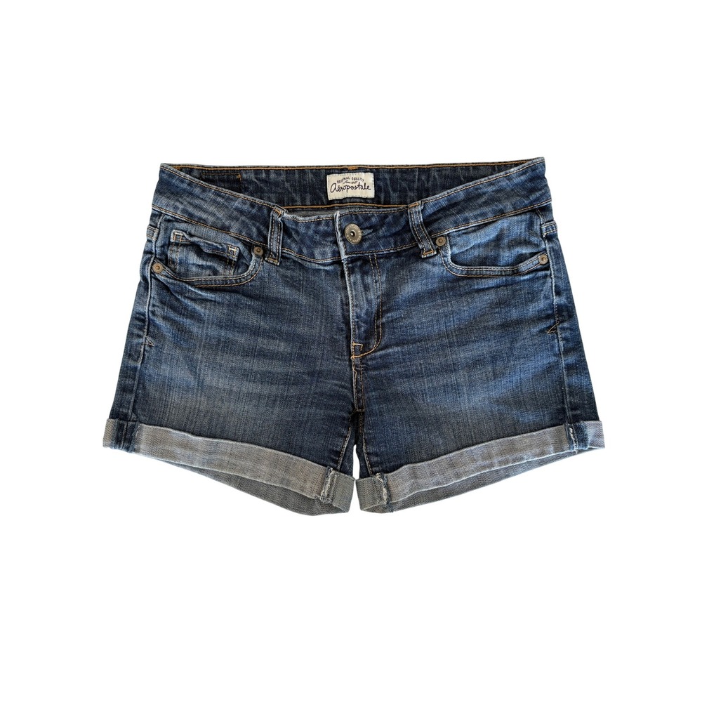 Aeropostale Womens Medium Wash Cuffed Denim Shorts Size 3/4 Low Rise